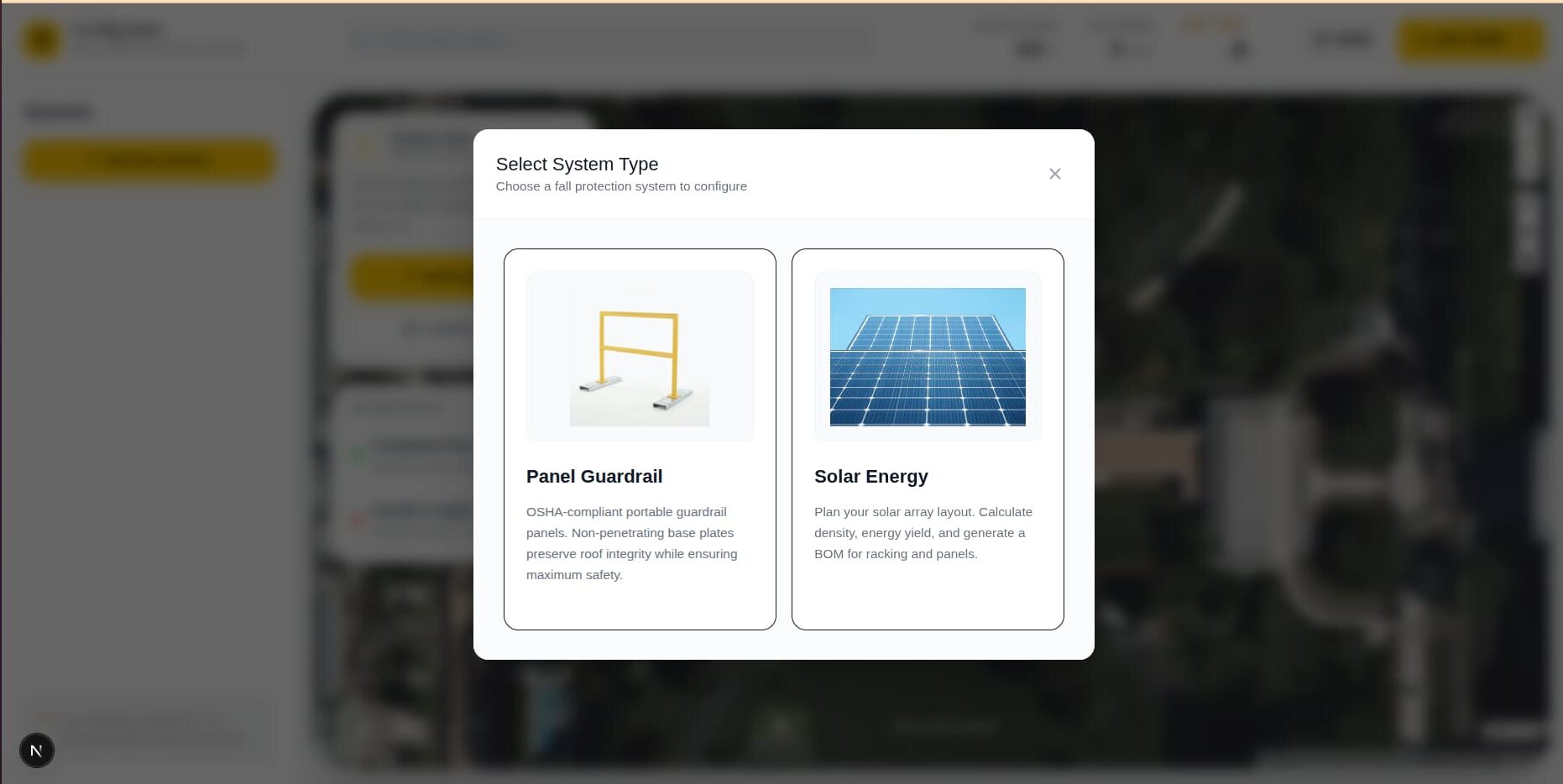 The Selection Interface. Choosing a system type here dynamically loads the specific engineering rules and pricing for the drawing phase.